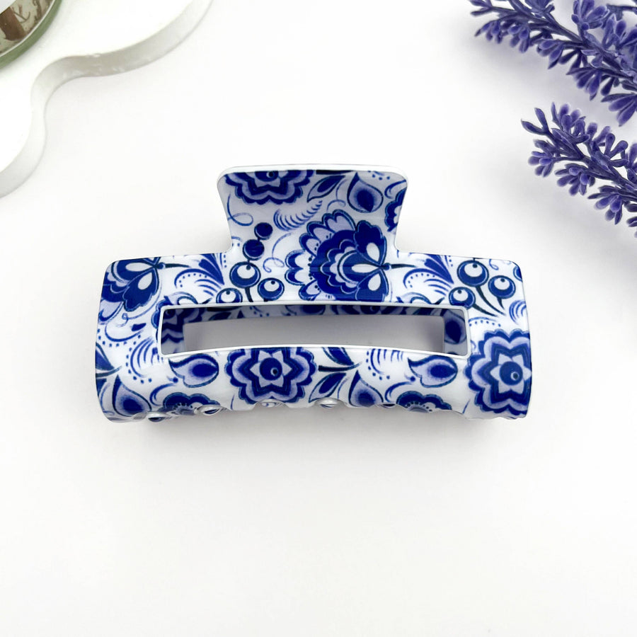 Blue & White Porcelain Hair Claw – Cutout Rectangle Clip: A