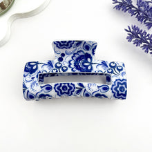 Load image into Gallery viewer, Blue &amp; White Porcelain Hair Claw – Cutout Rectangle Clip: A