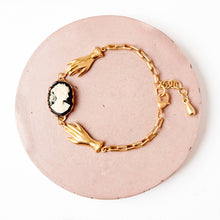 Load image into Gallery viewer, 24K Satin Gold Paparclip Charm Bracelet with Cameo &amp; Hands