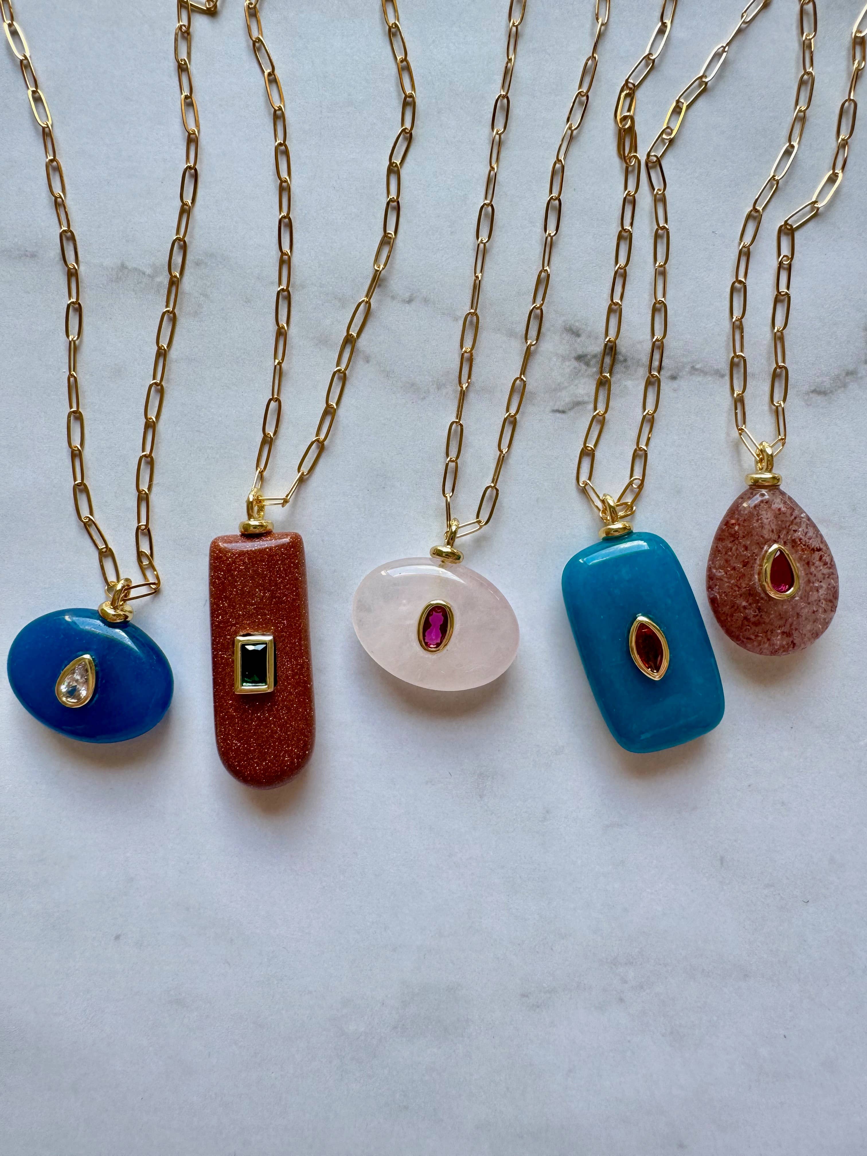 Boheme Gemstone Pendant Necklace: Rose Quartz + Tourmaline CZ