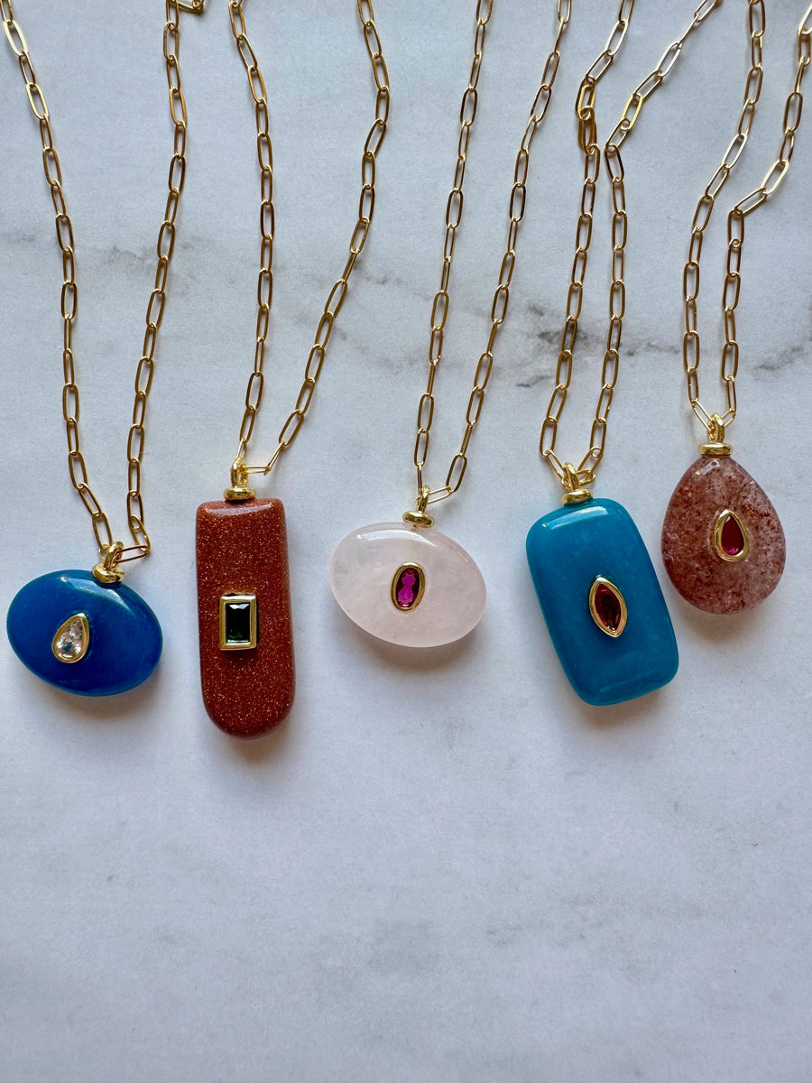 Boheme Gemstone Pendant Necklace: Rose Quartz + Tourmaline CZ