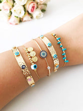 Load image into Gallery viewer, Gold Bangle Bracelet, Greek Evil Eye Jewelry, Evil Eye Charm Bracelet: Style 4
