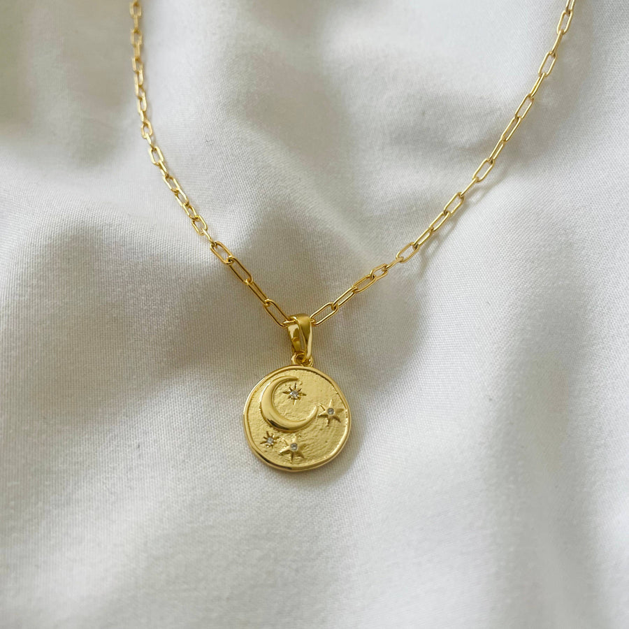 Over The Moon Gold Filled Necklace Moon star paperclip chain