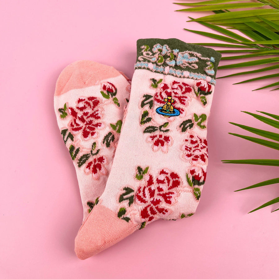 Embroidered Small Flower Sock: Blue