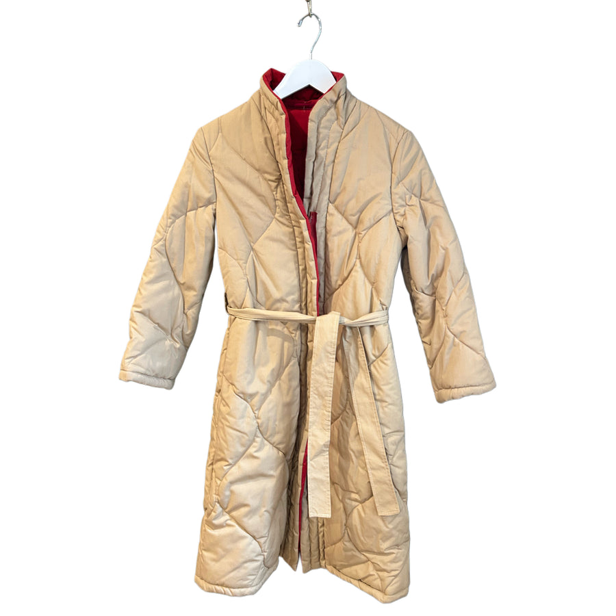 Quilted Beige Puffer Coat with Red Lining, 1970's, 36" Bust
