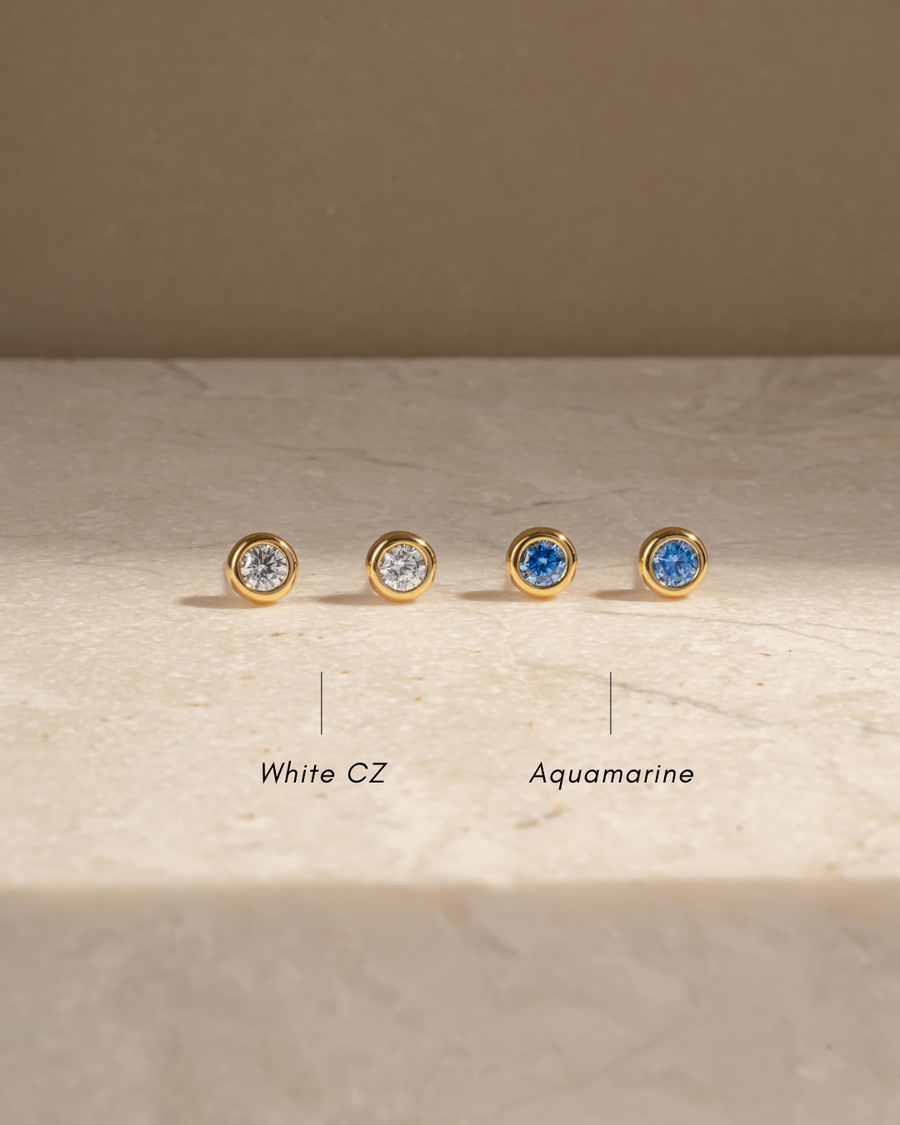 Aquamarine Bezel Dome Studs: Gold