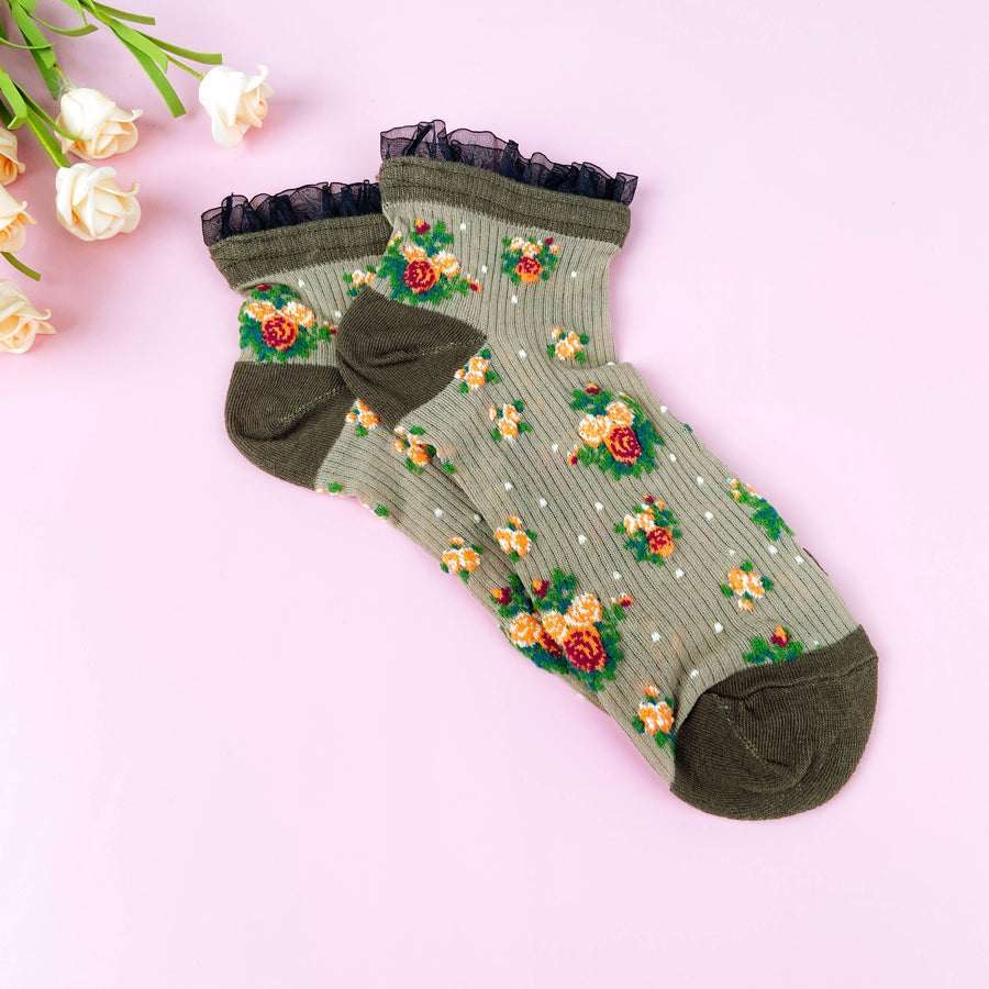Breathable summer thin  lace socks with plants flowers: White