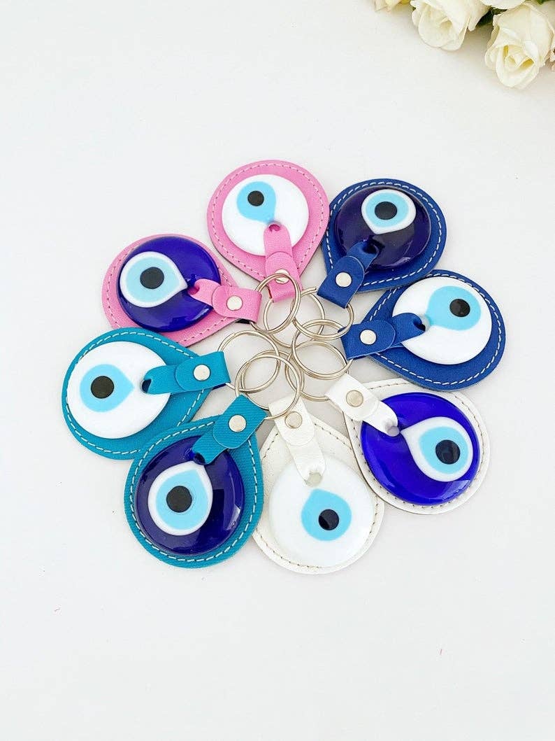 White Evil Eye Bead, Leather Evil Eye Keychain, Blue Evil Eye, Pink Blue Faux Leather: Blue / Turquoise