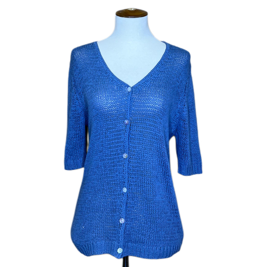 Knit Blue Short Sleeve Cardigan, 1990s, 34” Bust, as is