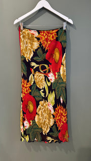 Red Floral Maxi Skirt, 1990s, 26”-34" Waist