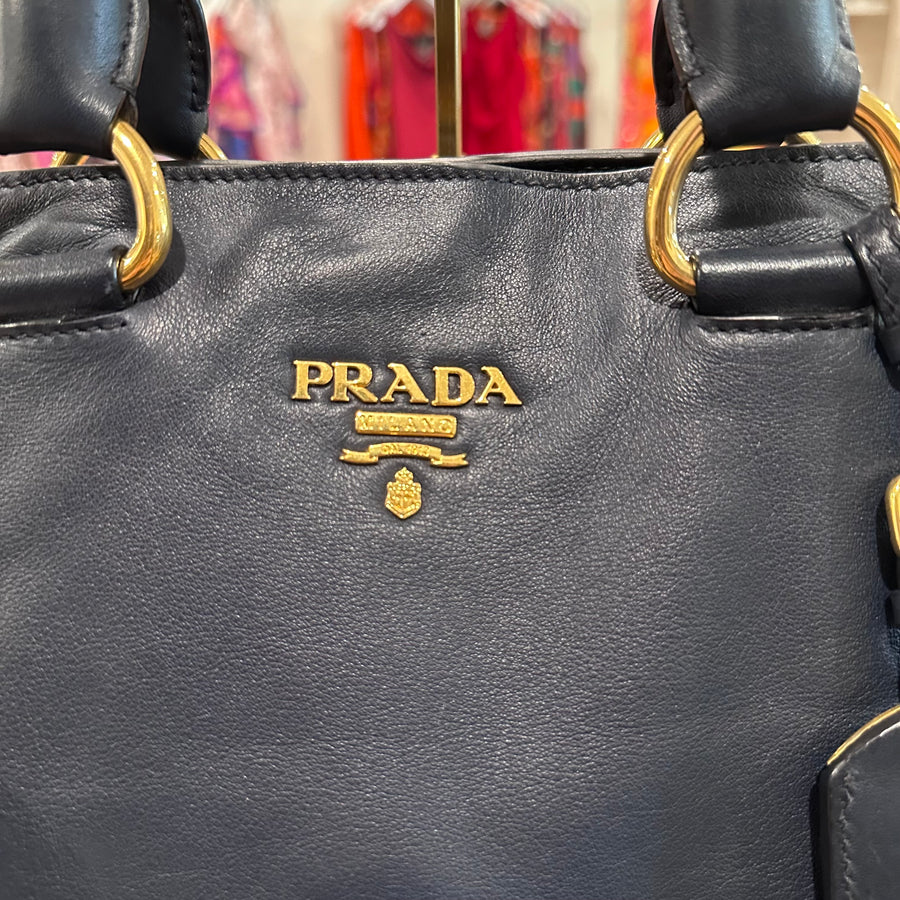 Prada Two-Way Shopper Tote Bag in Dark Blue Calf-Skin