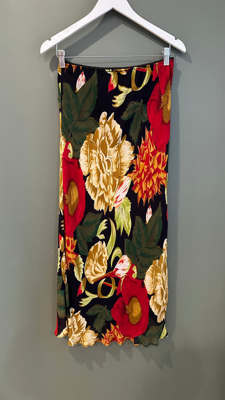 Red Floral Maxi Skirt, 1990s, 26”-34" Waist