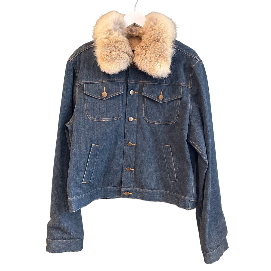 Denim Jacket with Beige Fox Fur Collar, 46" Bust, 1990's