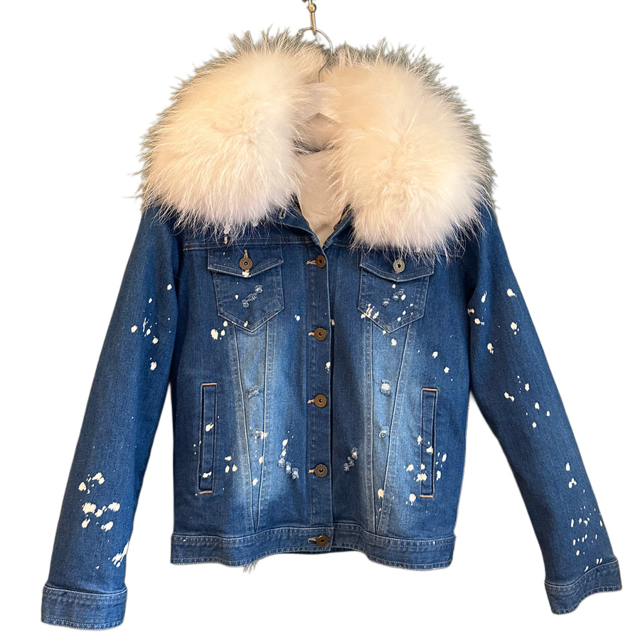 Denim Jacket with White Fox Fur, 36" Bust, 1990's