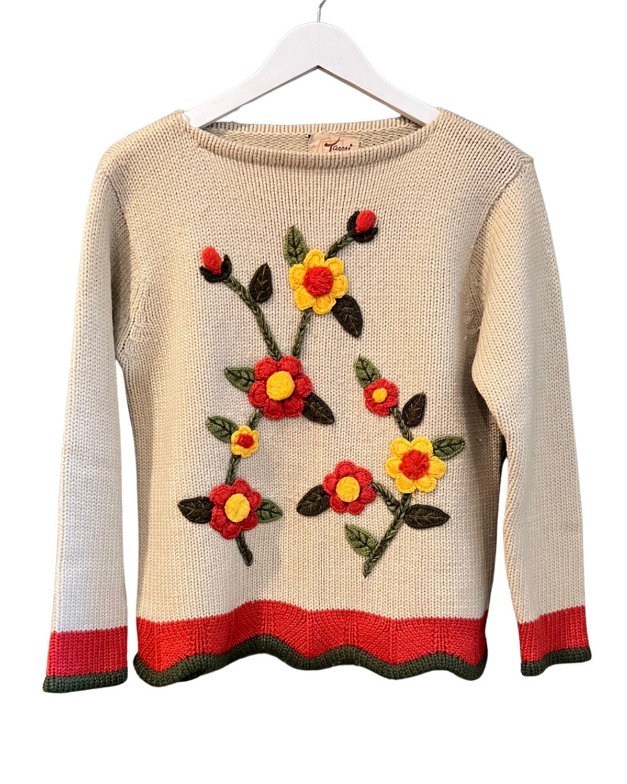 Tan Sweater with Floral Design, 1960s, 38” Bust