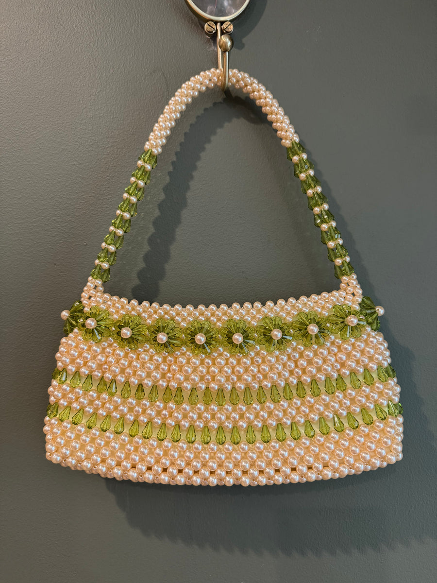 Green and white floral beaded bag