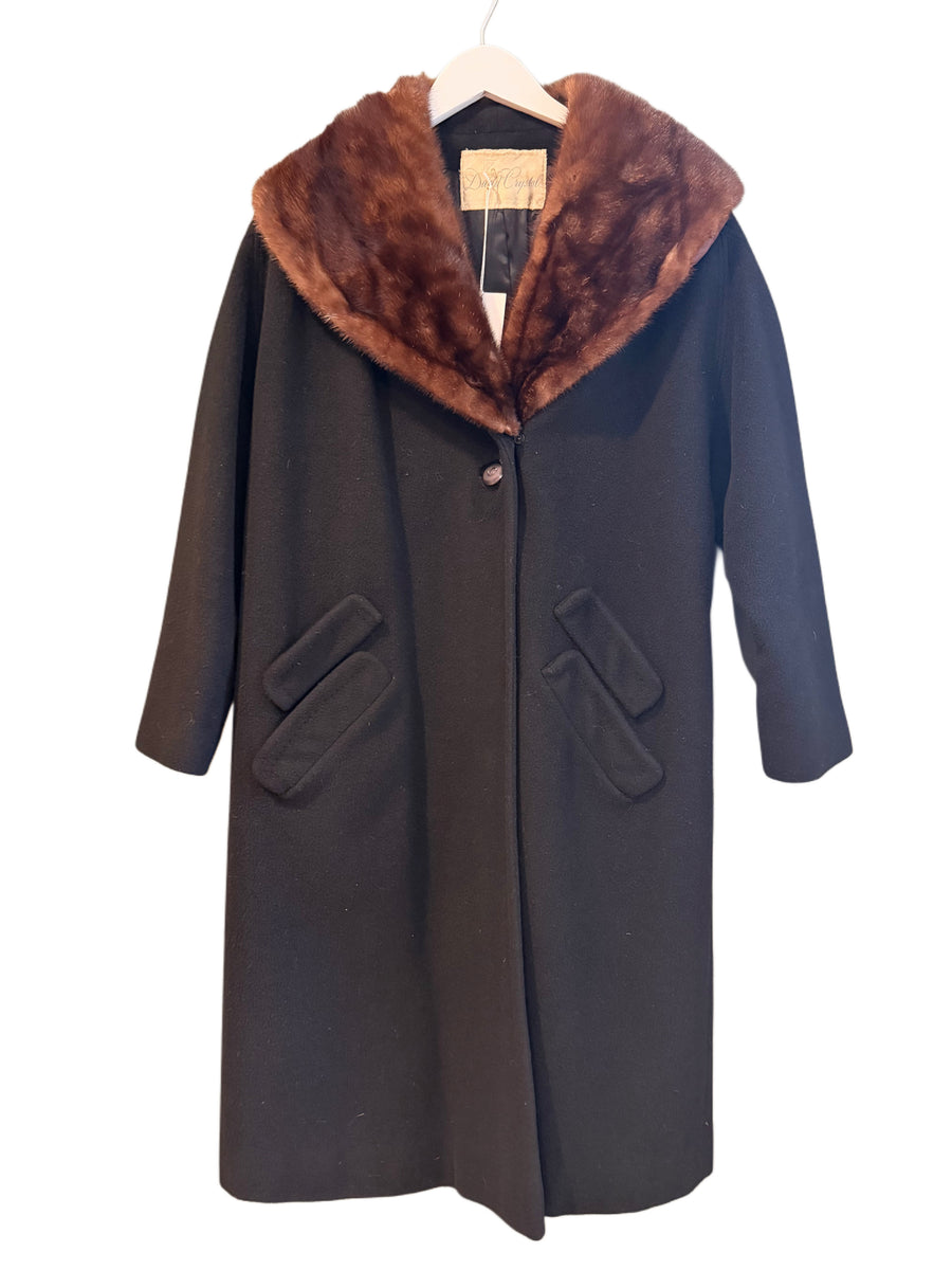 Black Mink Trim Cashmere Coat, 1950s, 42” Bust