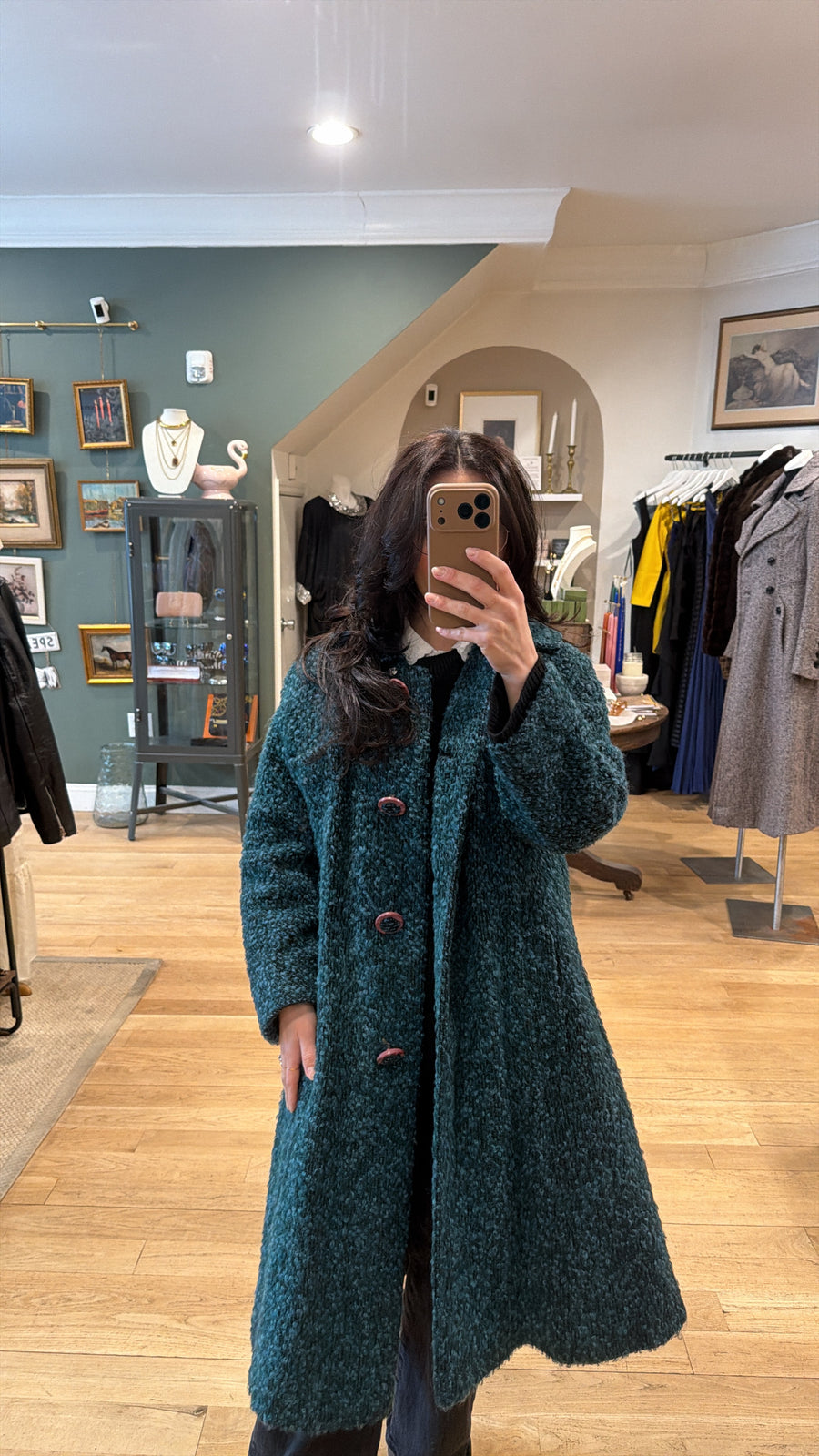 Teal Wool Coat, 1970s, 42” Bust