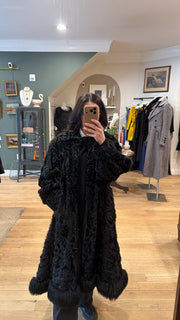 Katherina - Black Curly Lamb Coat, 1960s, 44" Bust, as is