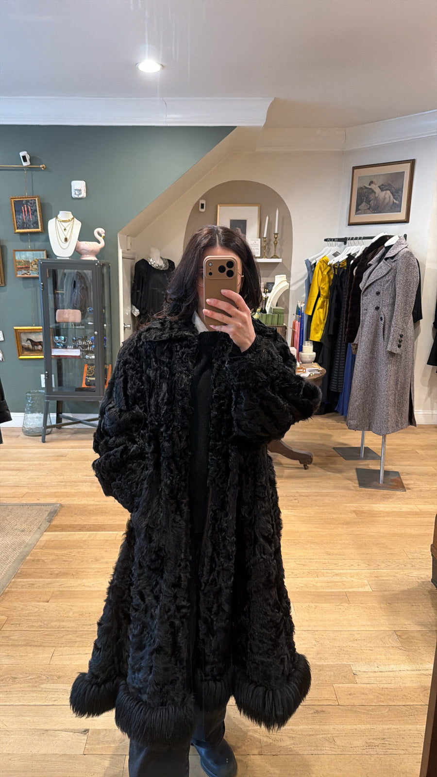 Katherina - Black Curly Lamb Coat, 1960s, 44" Bust, as is