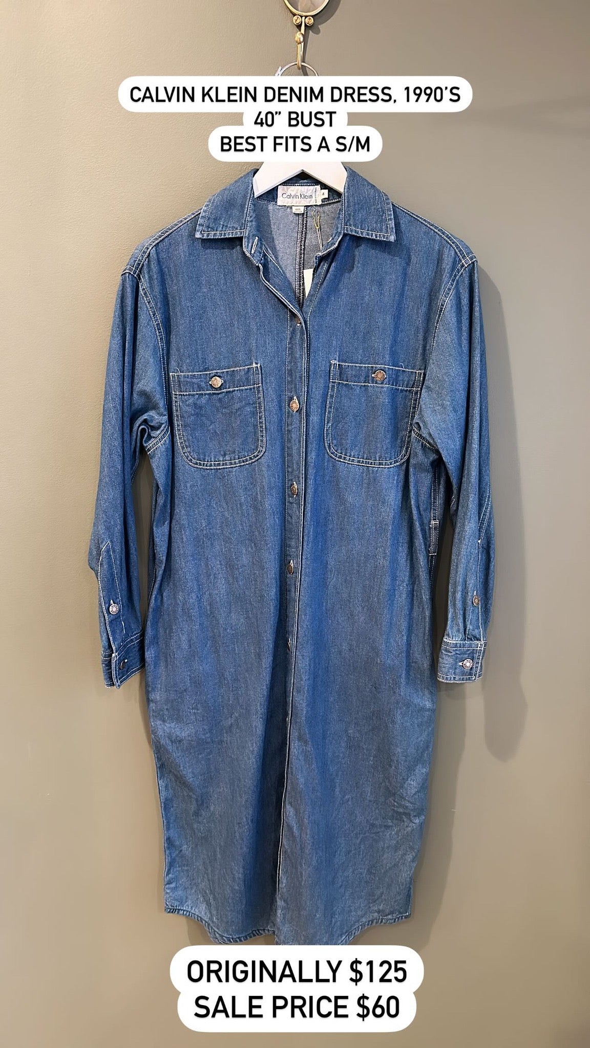 Calvin Klein Denim Dress, 1990’s, 40” Bust