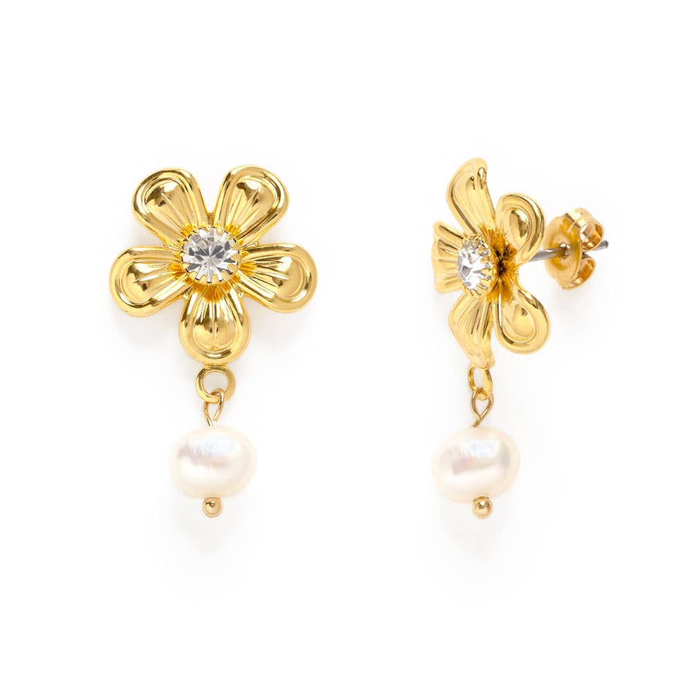 Vintage Flower with Pearl Stud Earrings