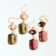Load image into Gallery viewer, Faceted Glass Color Block Dangle Earrings: Blush &amp; Olive