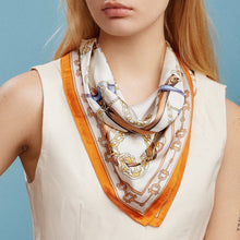Load image into Gallery viewer, Classic Equestrian Chain Square Scarf – Vintage Belt &amp; Gold Chain Print Silk-Feel Scarf: WT / ONE