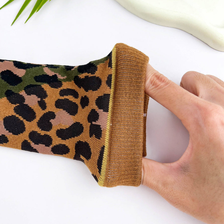 Soft Leopard Print Mid-Calf Socks: Brown