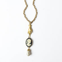 Load image into Gallery viewer, 24K Satin Gold Cameo &amp; Hand Charm Necklace: 20"
