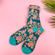 Embroidered Small Flower Sock: Blue