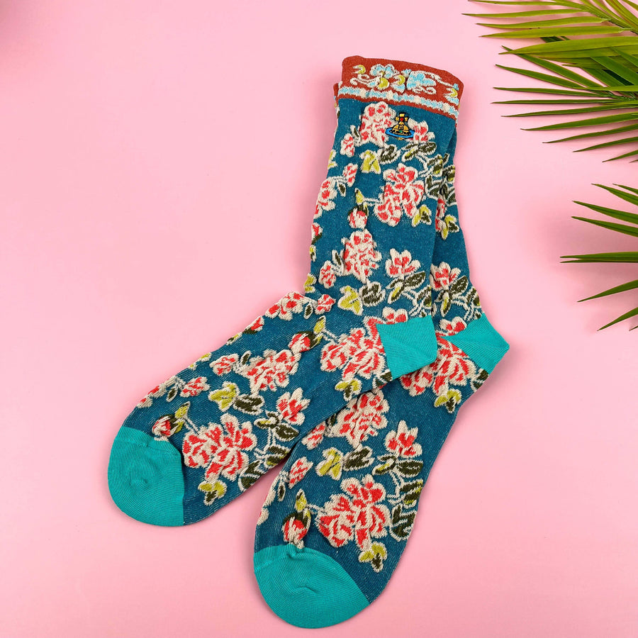 Embroidered Small Flower Sock: Blue