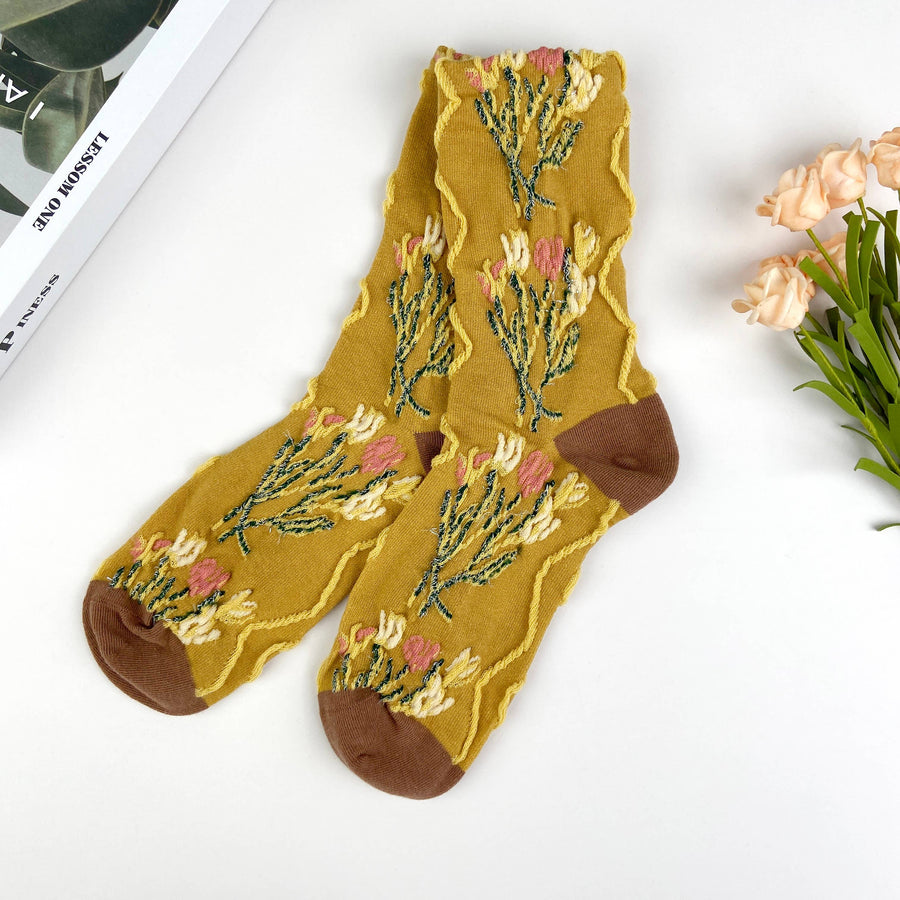 Combed cotton women's socks floral lolita mid-calf socks aut: Yellow