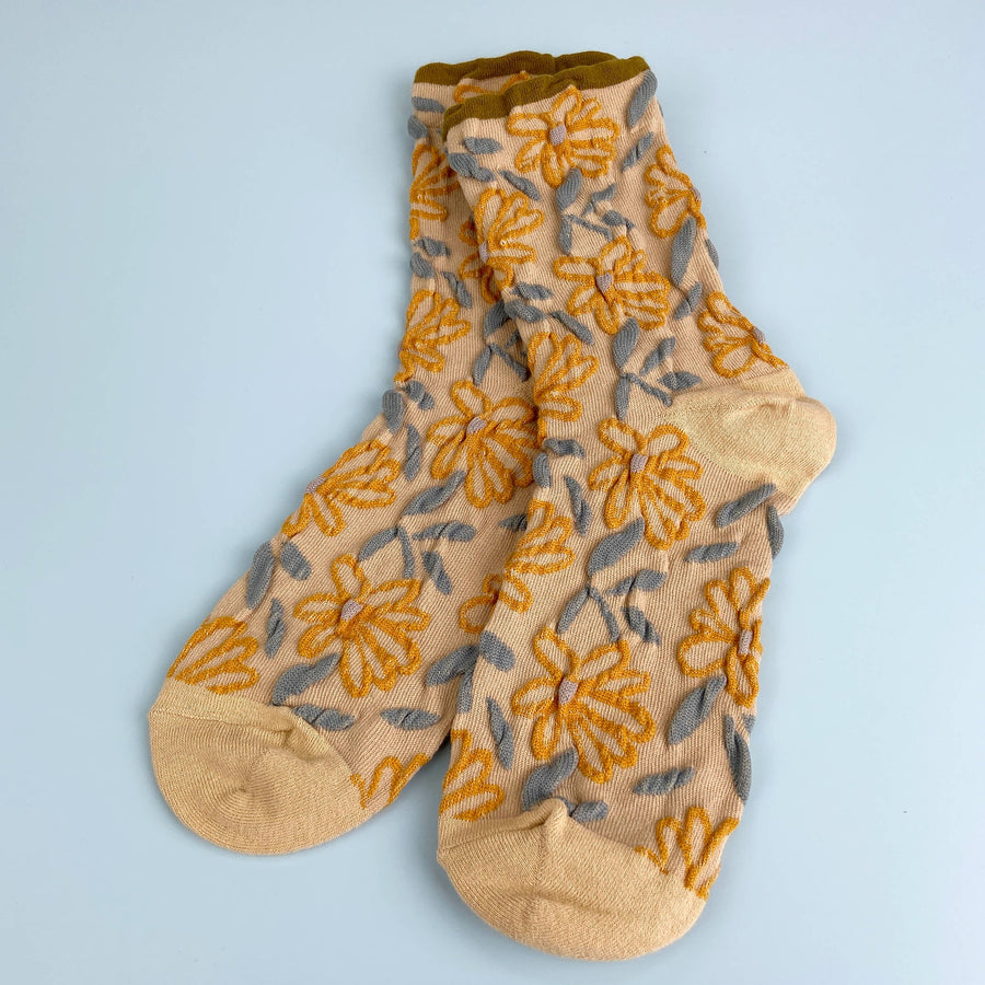 Sweet Flower Tube Socks: Khaki