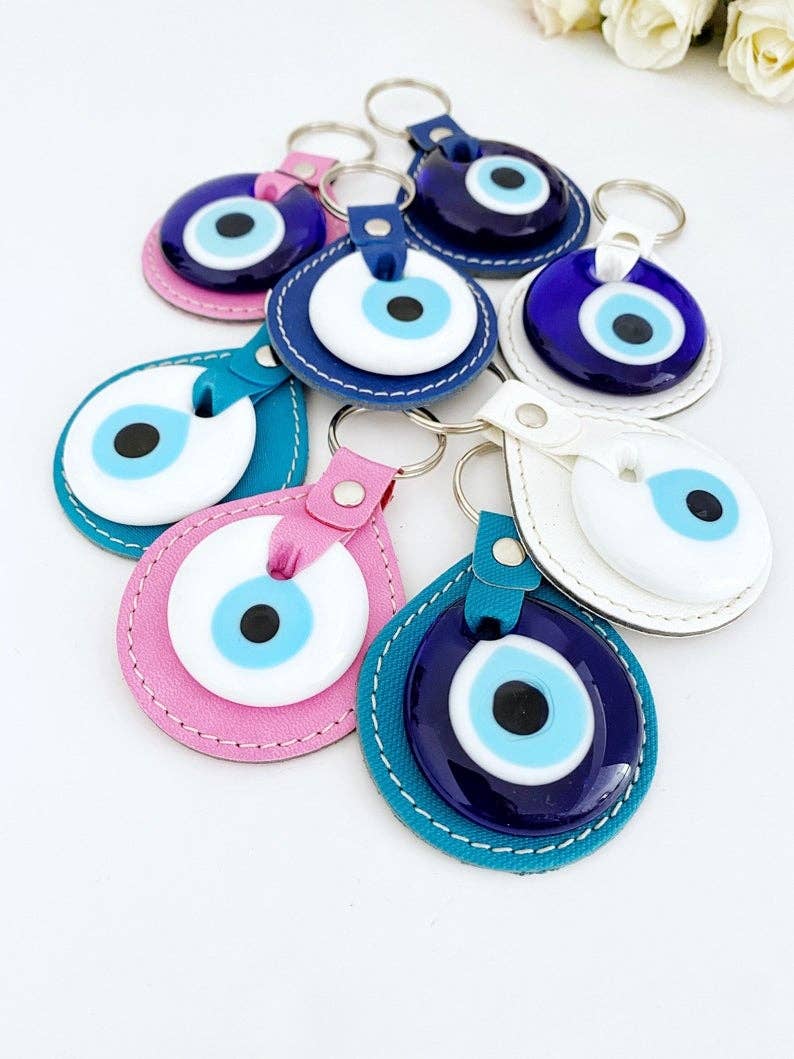 White Evil Eye Bead, Leather Evil Eye Keychain, Blue Evil Eye, Pink Blue Faux Leather: Blue / Turquoise