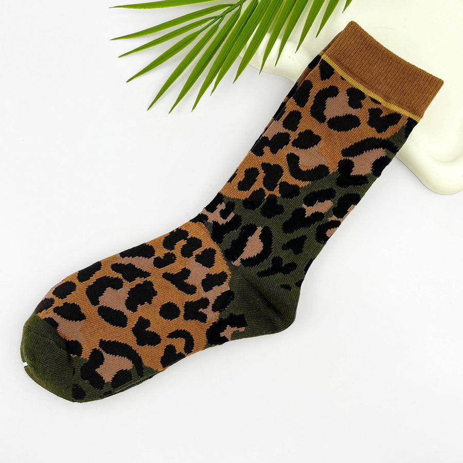 Soft Leopard Print Mid-Calf Socks: Brown