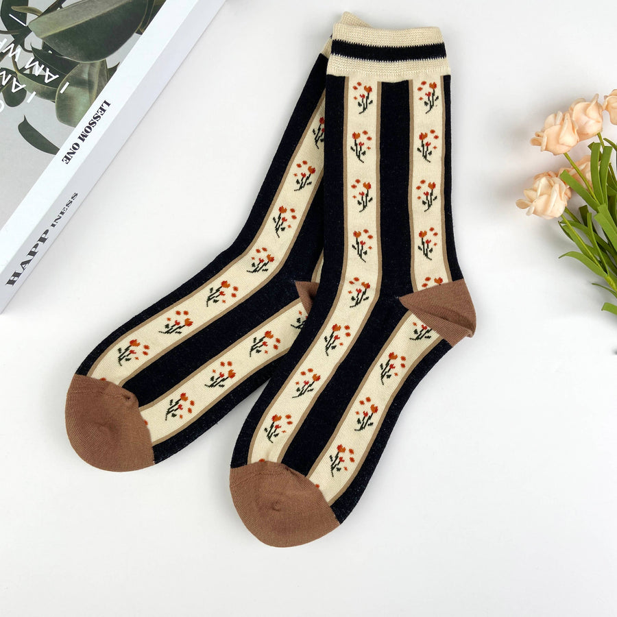 Combed cotton women's socks floral lolita mid-calf socks aut: Yellow