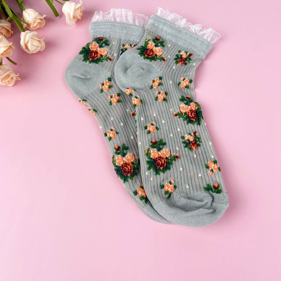 Breathable summer thin  lace socks with plants flowers: White