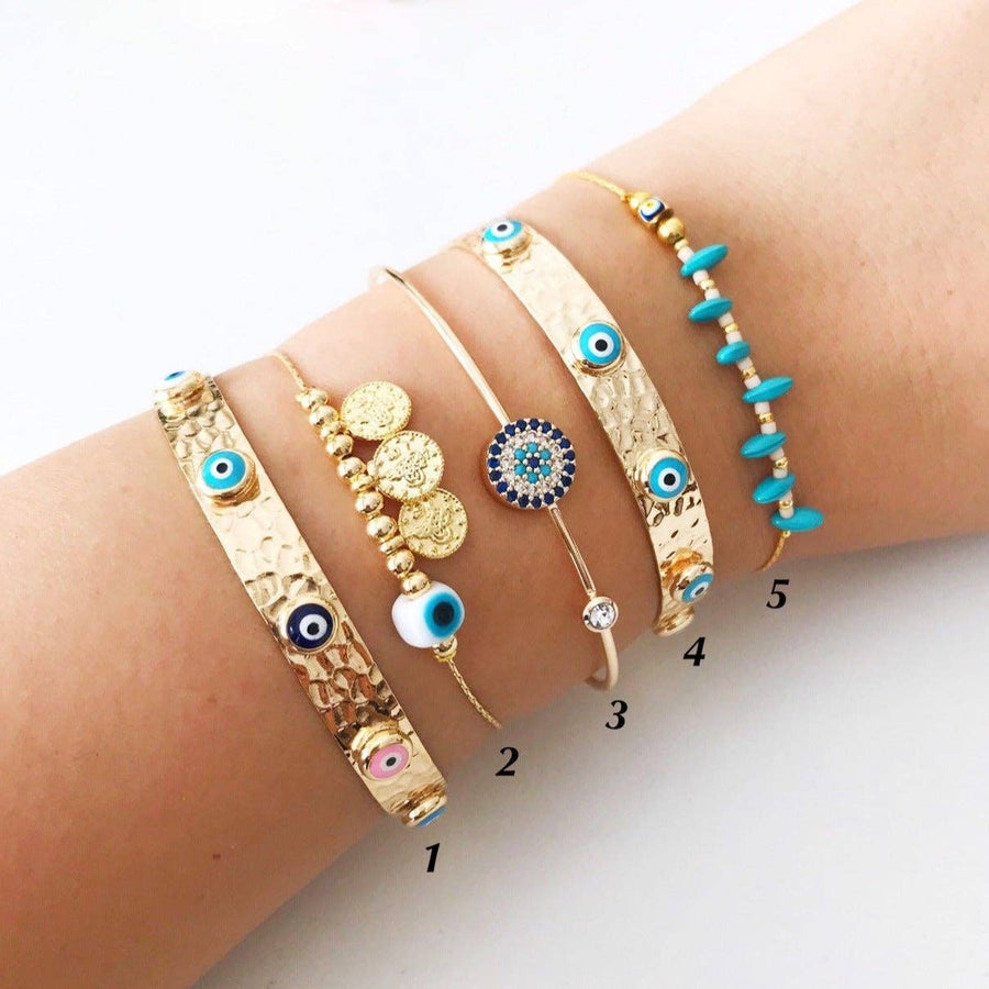 Gold Bangle Bracelet, Greek Evil Eye Jewelry, Evil Eye Charm Bracelet: Style 4