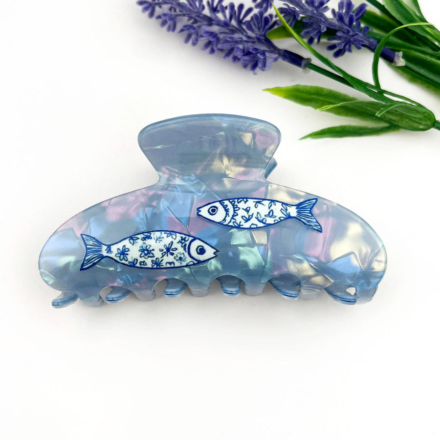 Blue Porcelain Sardine Half-Moon Acrylic Hair Claw Clip: Blue