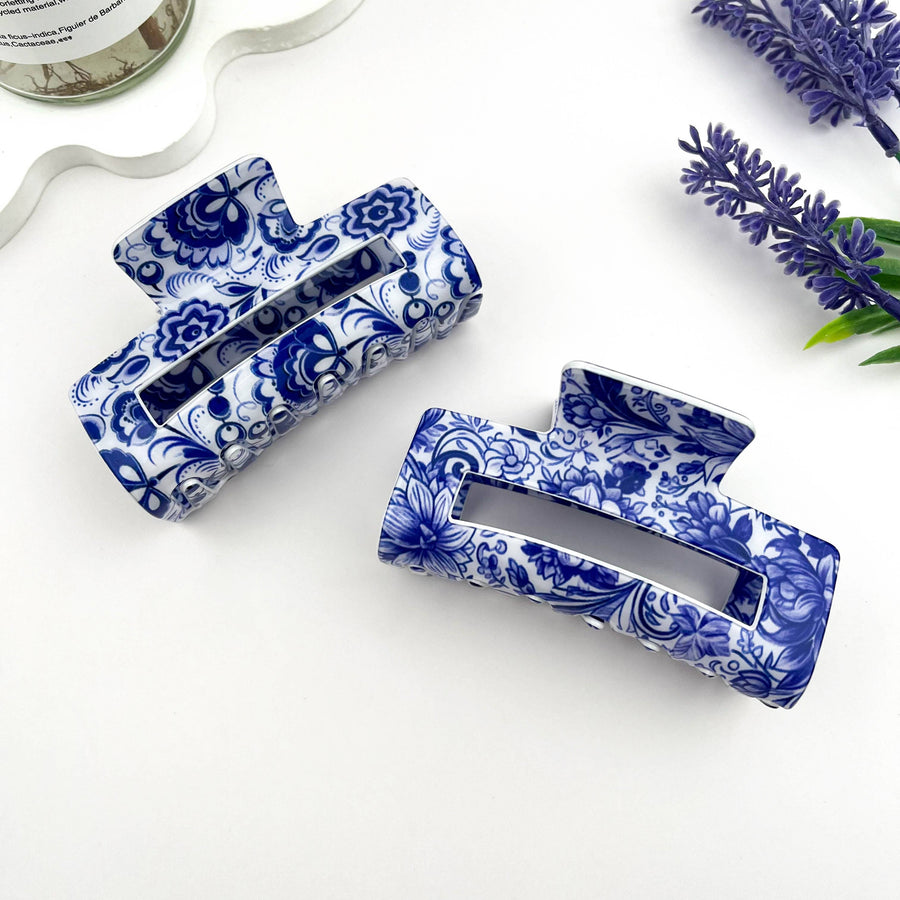 Blue & White Porcelain Hair Claw – Cutout Rectangle Clip: A
