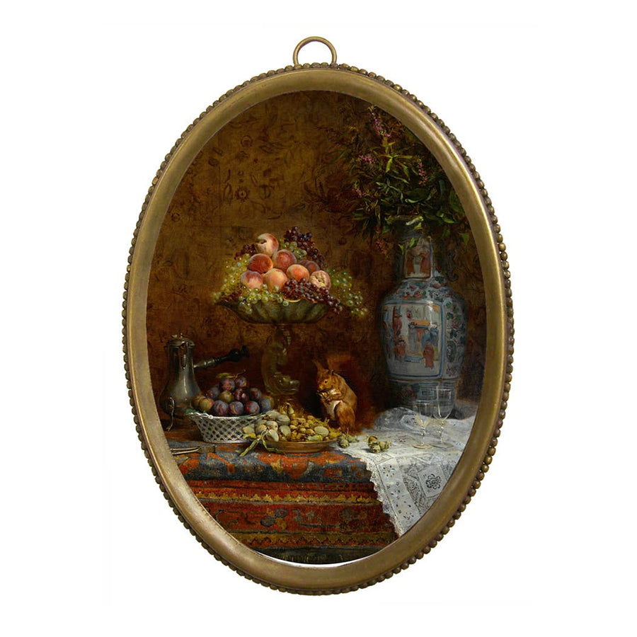 Still Life with Fruit and Squirrel in Antiqued Brass Frame