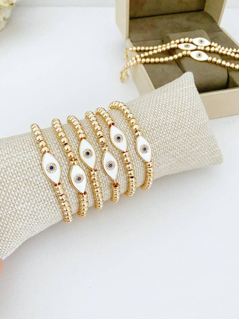 White Evil Eye Bracelet, Waterproof Bracelet, Gold Beaded Br