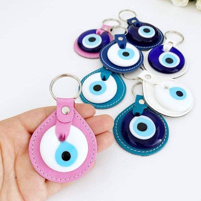 White Evil Eye Bead, Leather Evil Eye Keychain, Blue Evil Eye, Pink Blue Faux Leather: Blue / Turquoise