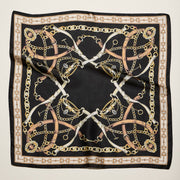 Classic Equestrian Chain Square Scarf – Vintage Belt & Gold Chain Print Silk-Feel Scarf: WT / ONE