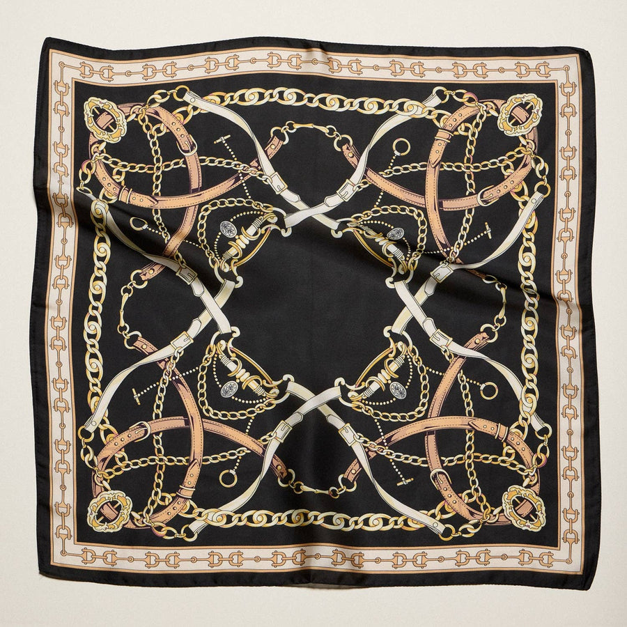 Classic Equestrian Chain Square Scarf – Vintage Belt & Gold Chain Print Silk-Feel Scarf: WT / ONE