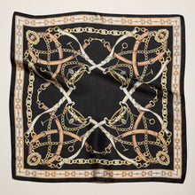 Load image into Gallery viewer, Classic Equestrian Chain Square Scarf – Vintage Belt &amp; Gold Chain Print Silk-Feel Scarf: WT / ONE
