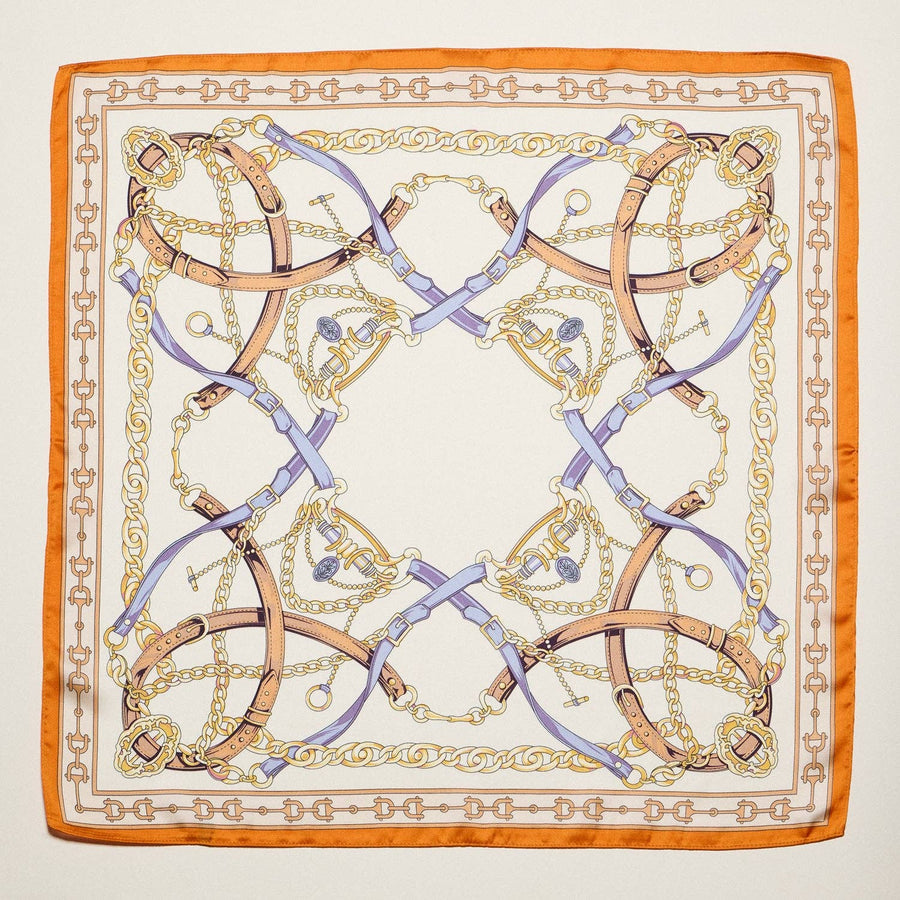 Classic Equestrian Chain Square Scarf – Vintage Belt & Gold Chain Print Silk-Feel Scarf: WT / ONE