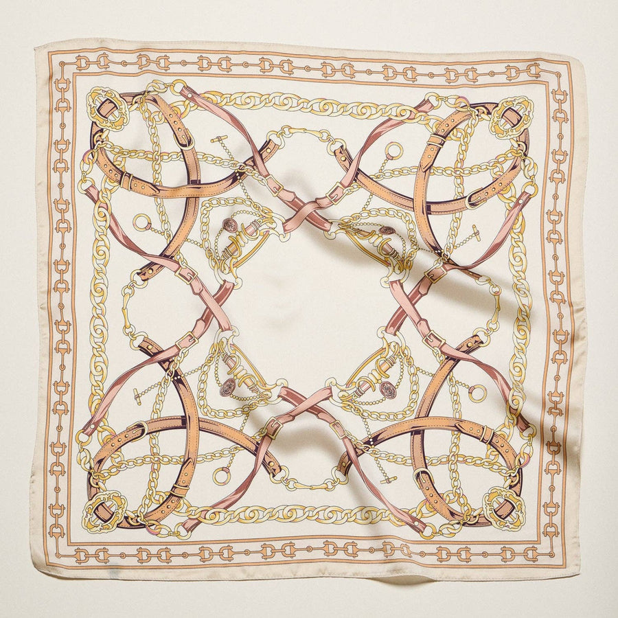 Classic Equestrian Chain Square Scarf – Vintage Belt & Gold Chain Print Silk-Feel Scarf: WT / ONE