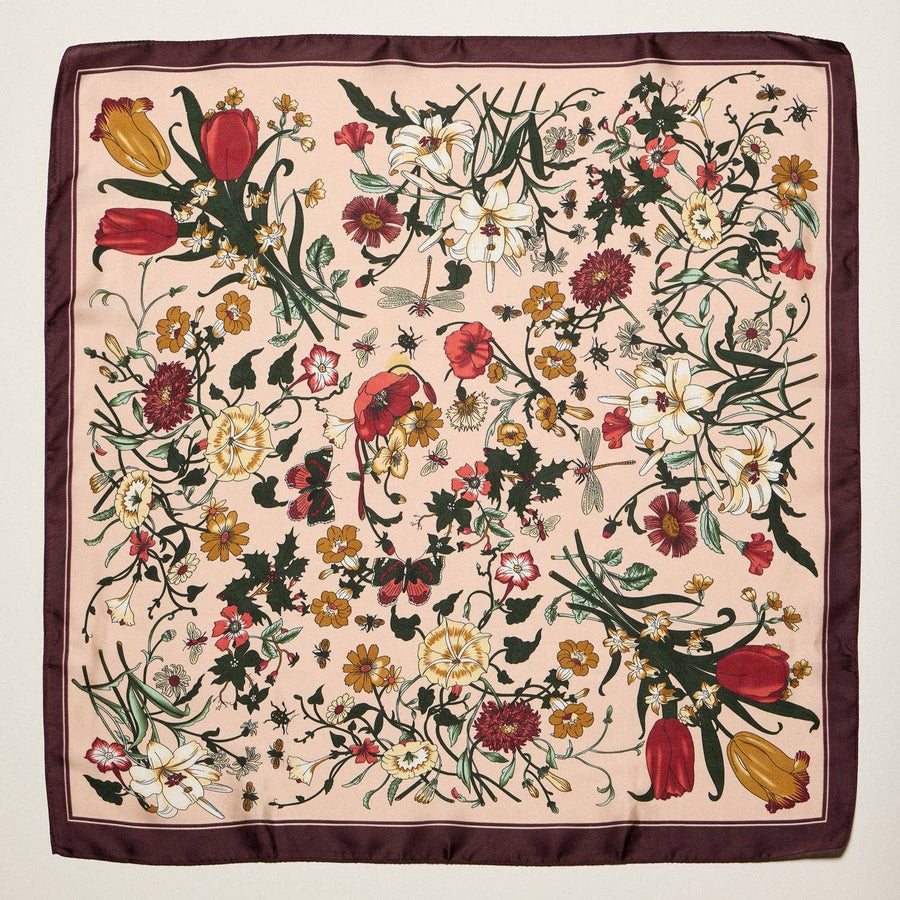 Vintage Botanical Floral Square Scarf – Elegant Garden Print Satin Neck & Hair Scarf: BL / ONE